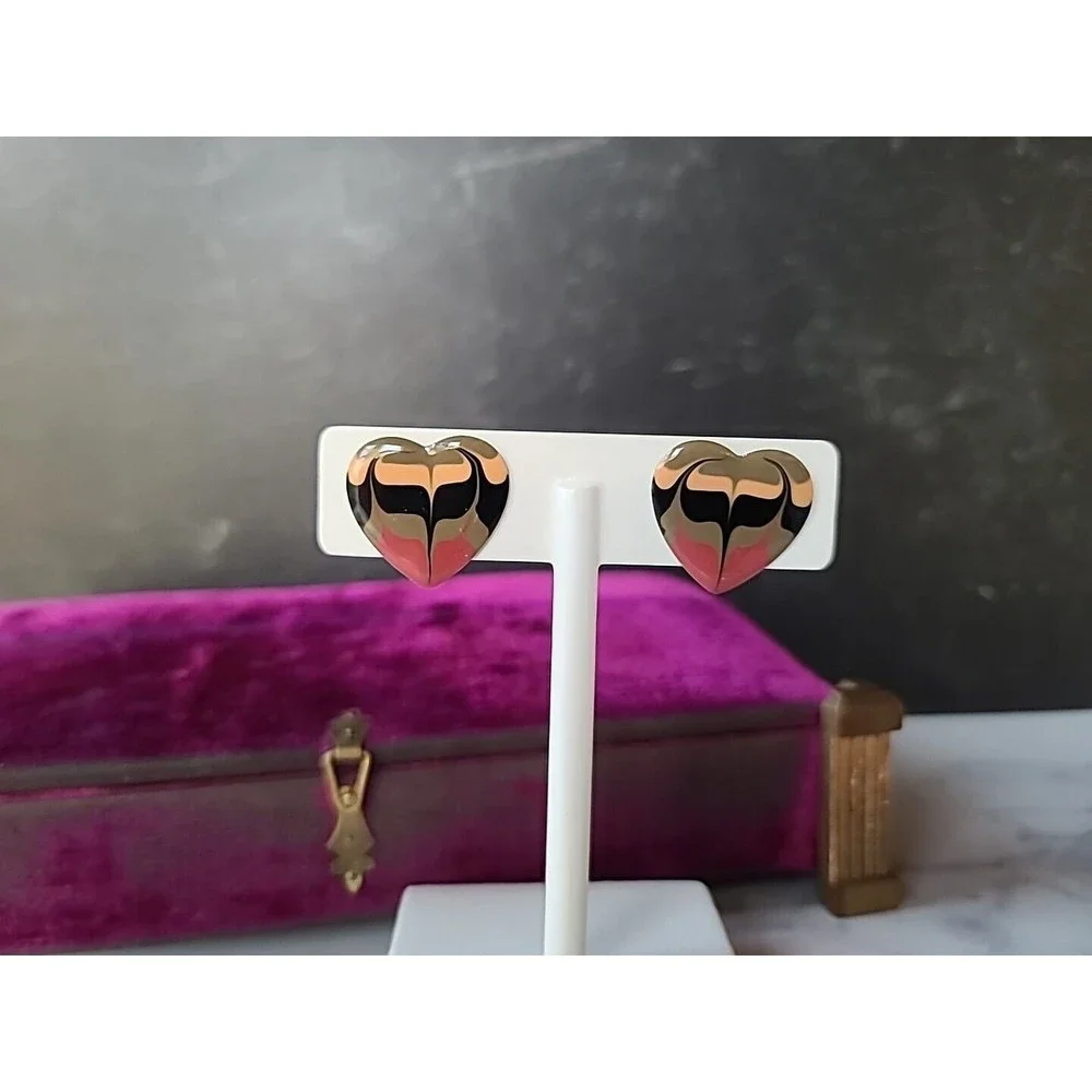 Vintage Heart Shaped Enamel Swirl Stud Earrings